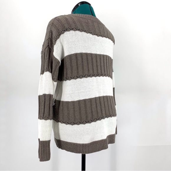 MISSLOOK Taupe and Cream Striped Long Sleeve Sweater with Lace Accents, Medium - Picture 7 of 15